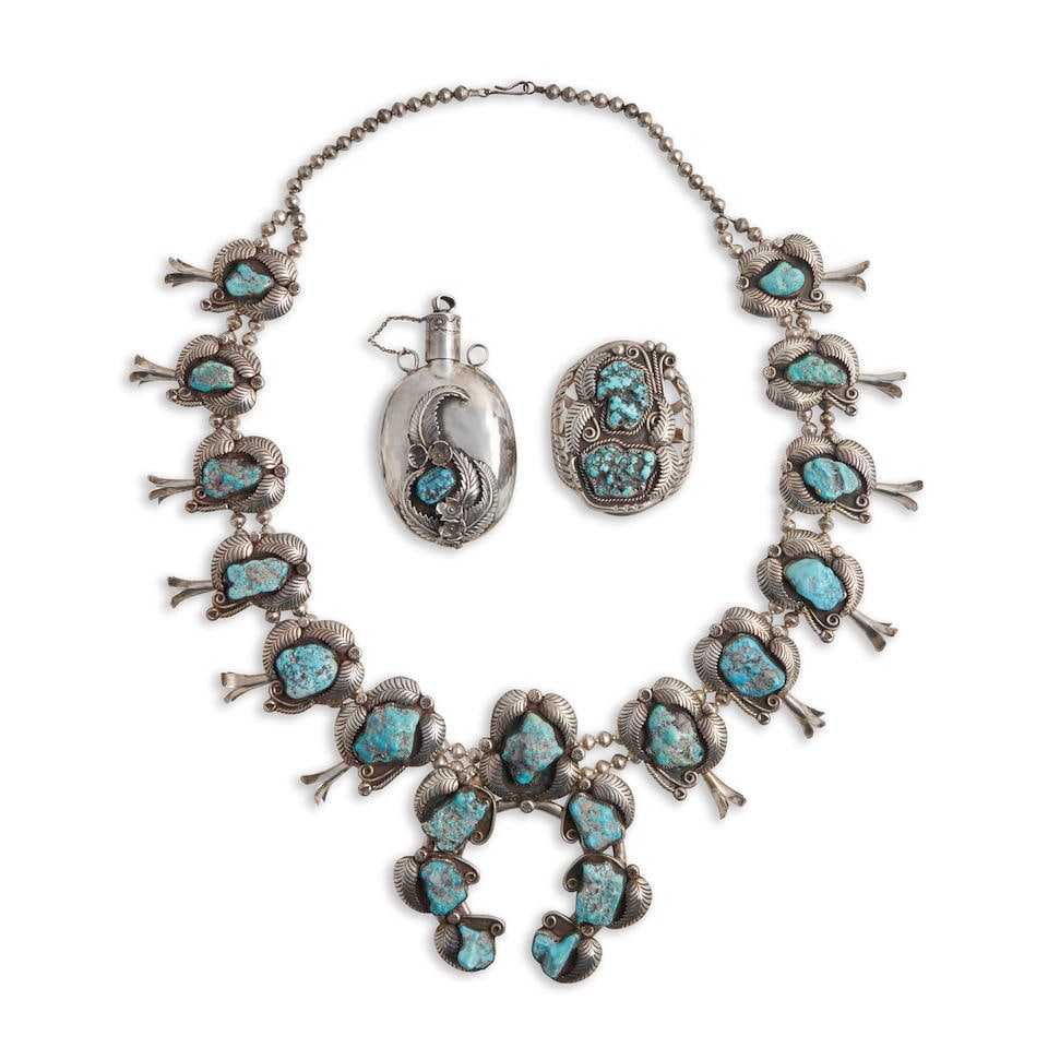 A suite of Diné (Navajo) silver and turquoise jewelry  lg. of necklace 37, lg. of naja 5, g... (1 of 4)