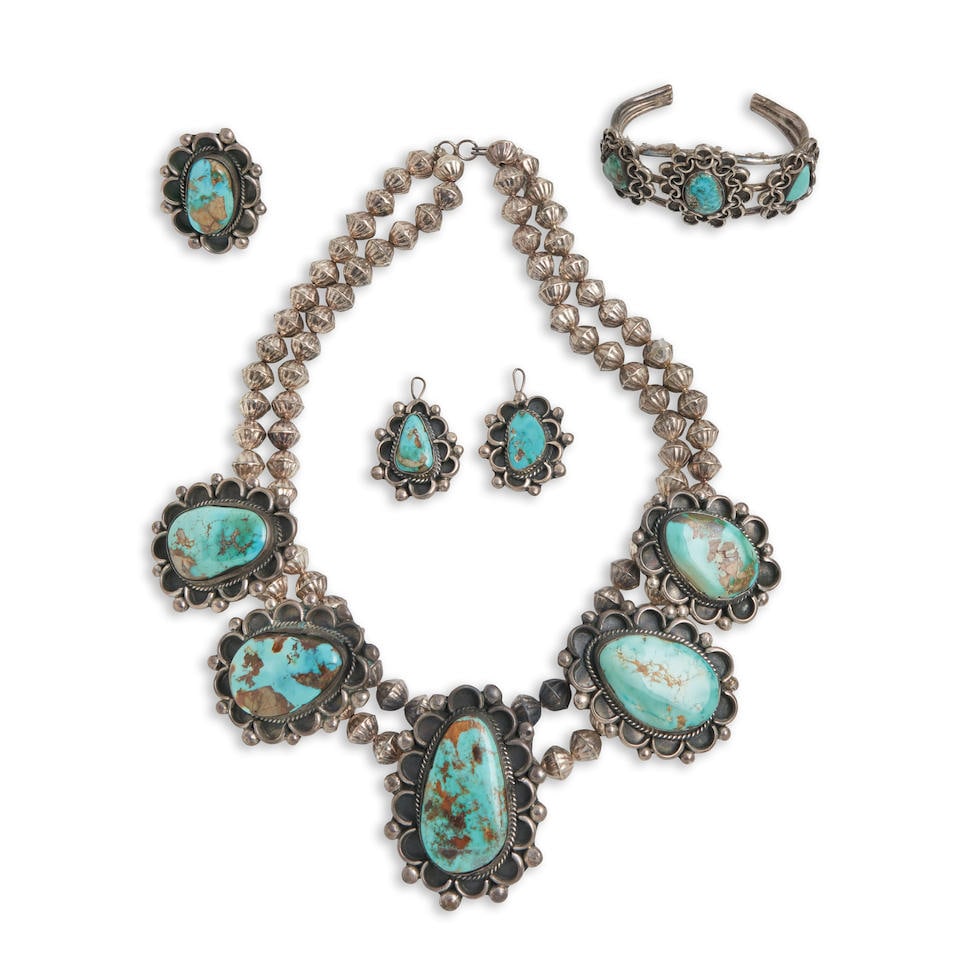 A suite of Diné (Navajo) silver and turquoise jewelry  lg. of necklace 17 1/2, lg. of earri... (1 of 2)
