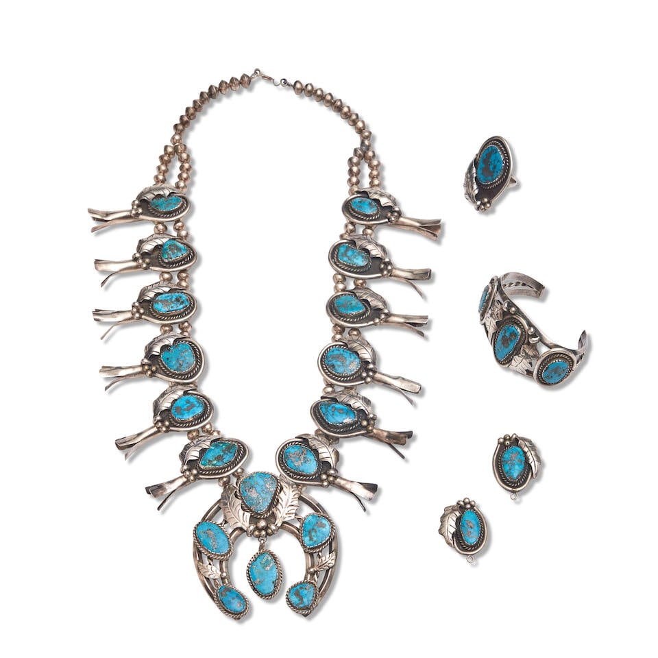 A suite of Diné (Navajo) silver and turquoise jewelry  lg. of necklace closed 16 1/4, cuff ... (1 of 3)