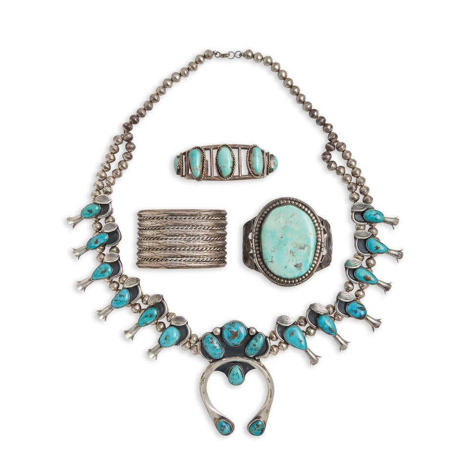 A silver and turquoise squash blossom necklace and three cuff bracelets lg. of necklace 28, lg. ... (1 of 4)