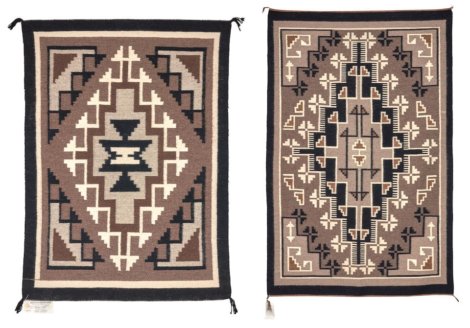 Two contemporary Diné (Navajo) Two Grey Hills weavings Rose Bedith and Betty Joe 58 1/2 x 3...: Two contemporary Diné (Navajo) Two Grey Hills weavings Rose Bedith and Betty Joe The black border on each surrounds the typical Two Grey Hills motifs on grey grounds. 58 1/2 x 38 and 41 x 30 in. 