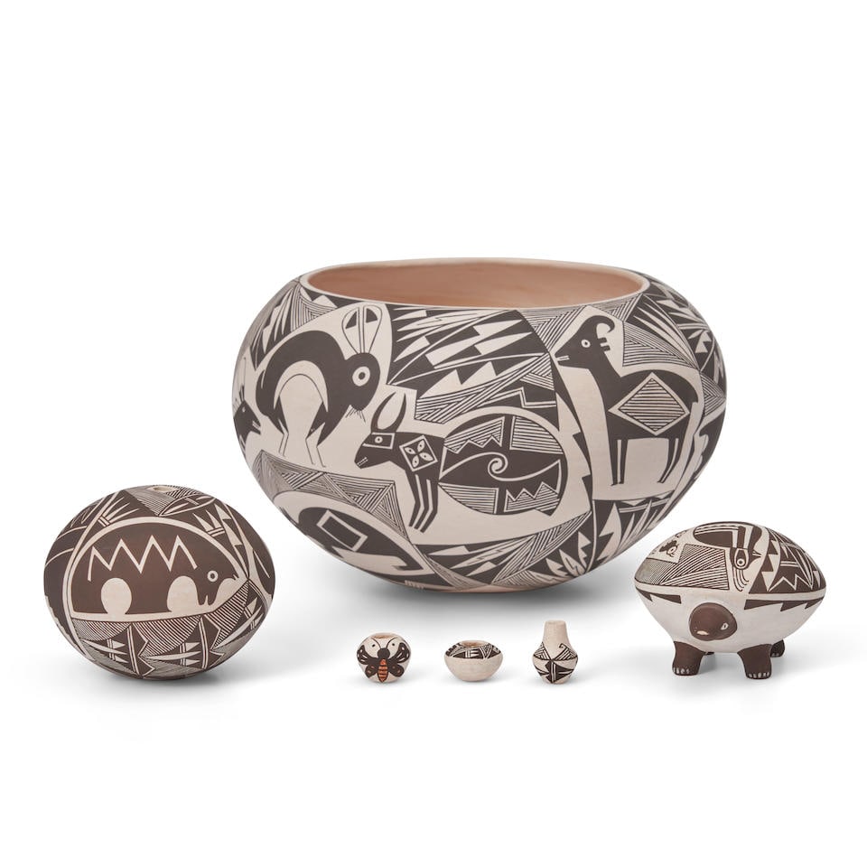 Six Rachel Concho pottery items ht. 4 1/2, wd. 6 1/2, ht. 2 1/2, wd. 2 3/4, ht. 2, lg. 2 3/4, ht... (1 of 3)