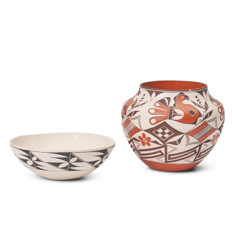 Two Franklin Peters Acoma vessels Franklin Peters, Acoma Pueblo, (b. 1978) ht. 6 1/2, wd. 7, ht....: Two Franklin Peters Acoma vessels Franklin Peters, Acoma Pueblo, (b. 1978) The jar decorated with floral devices with parrots on a white ground, signed 'Franklin Peters 2010,' with a bowl decorated wi