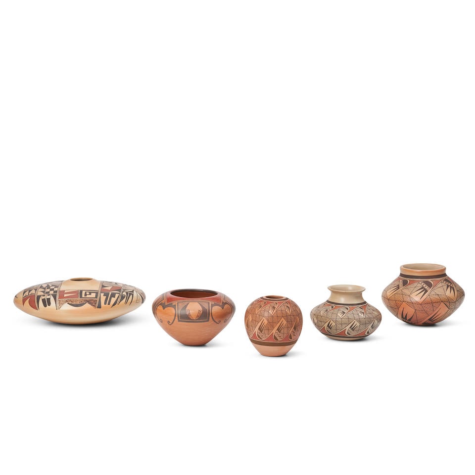 Five Hopi polychrome jars ht. 2 1/2, wd. 9 3/4, ht. 3 1/4, wd. 5 1/2, ht, 3 1/2, wd. 5, ht. 3 1/... (1 of 3)