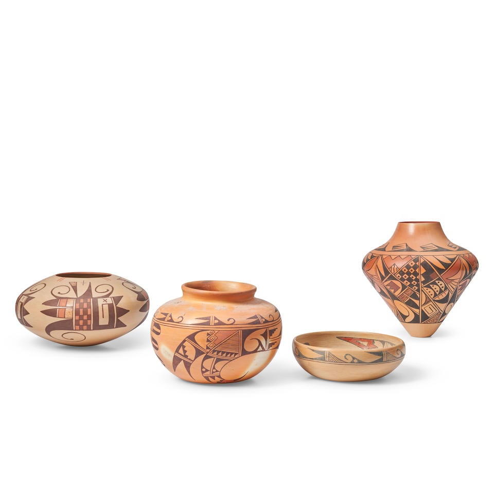 Four Hopi jars polychrome pottery vessels ht. 5 1/2, wd. 7 1/4, ht. 2 1/4, wd. 7, ht. 9 1/2, wd.... (1 of 3)