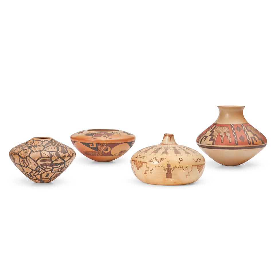 Four Hopi polychrome pottery jars ht. 6 3/4, wd. 6 3/4, ht. 5, wd. 6 1/2, ht. 3, wd. 7 1/4, and ... (1 of 3)