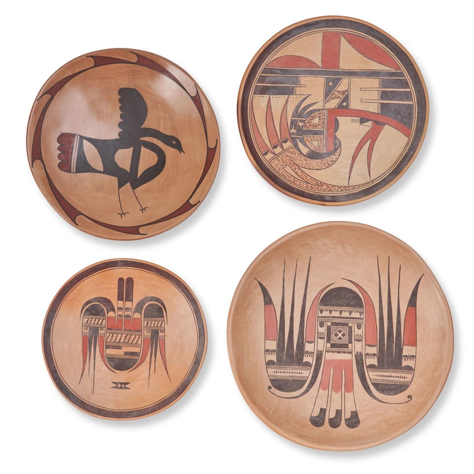 Four Hopi polychrome pottery plates dia. 12 1/2, 11, 10 3/4, and 9 1/4 in. (1 of 2)