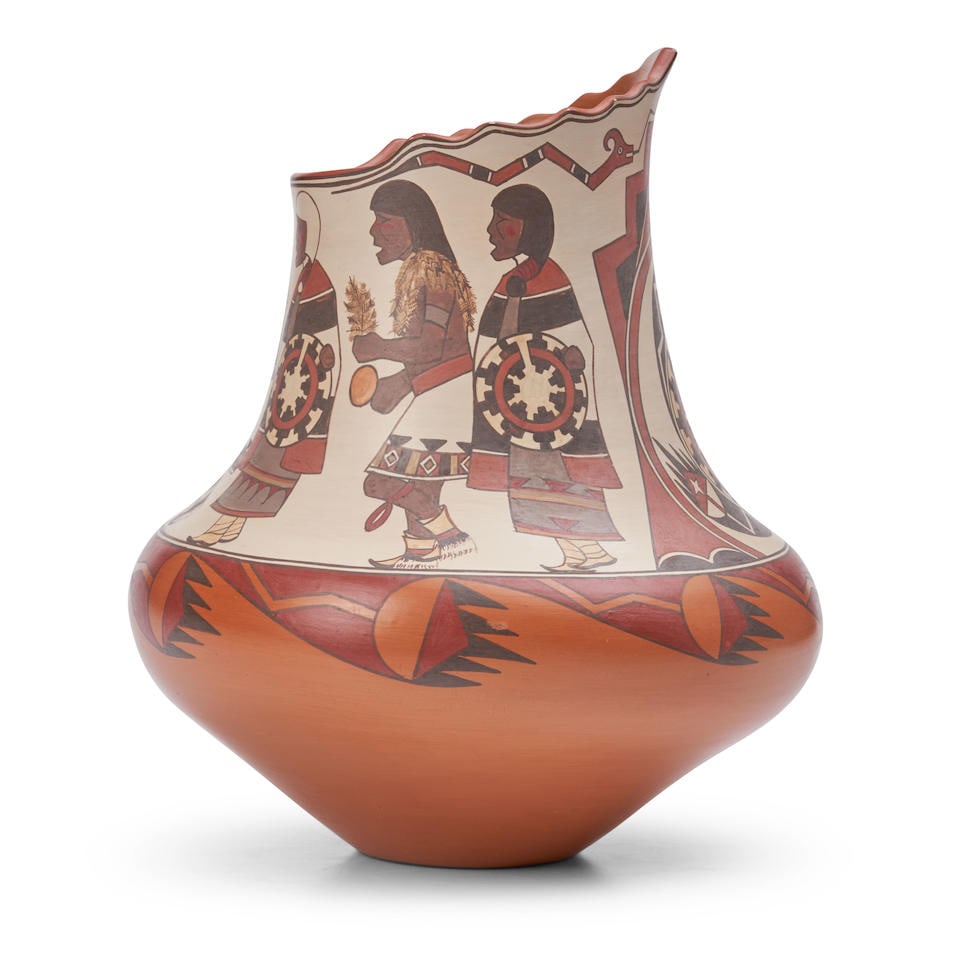 A Lois Gutierrez pictorial pottery jar Lois Gutierrez, Santa Clara Pueblo, (b.1948) ht. 11 3/4, ... (1 of 3)