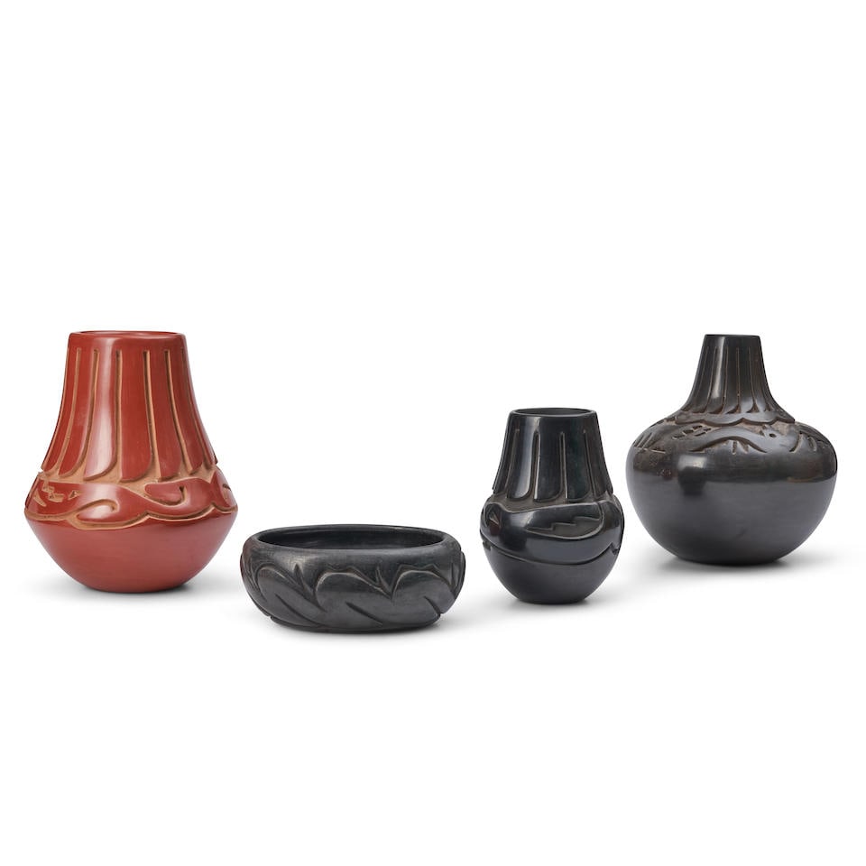 Four Santa Clara pottery jars ht. 9 1/4, wd. 7, ht. 9 1/2, wd. 8, ht. 7 1/4, wd. 5, ht. 2 3/4, w... (1 of 3)