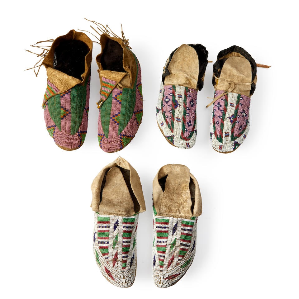 Three pairs of Plains beaded moccasins lg. 10 1/2, 10 1/4, and 10 in. (1 of 3)