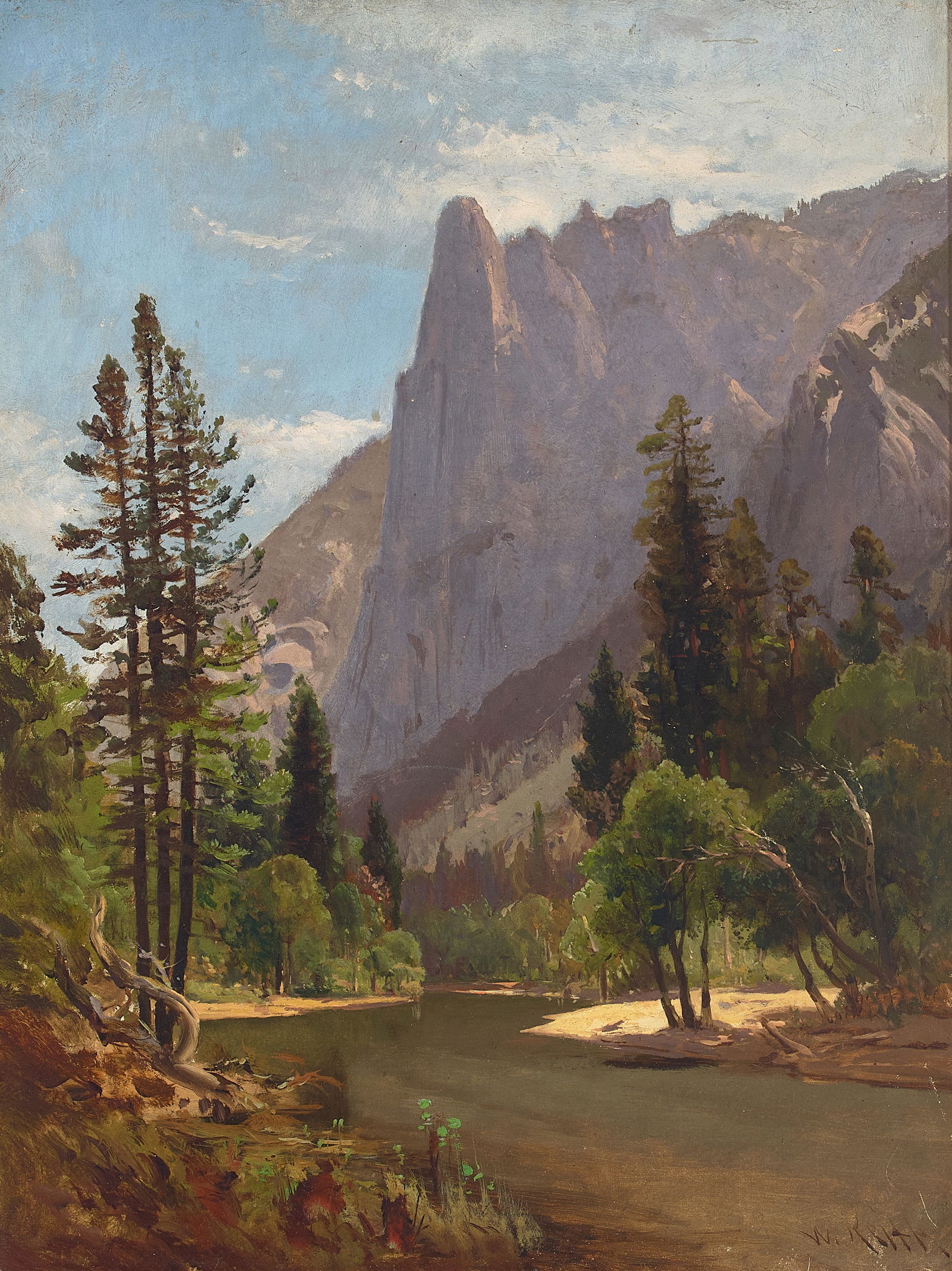 William Keith (1838-1911) Sentinel Rock from the Merced River (Yosemite) 24 x 18 in. framed 34 ...: William Keith (1838-1911) Sentinel Rock from the Merced River (Yosemite) signed 'W. Keith' (lower right) oil on canvas 24 x 18 in. framed 34 x 28 1/2 in. Footnotes: Provenance Private Col