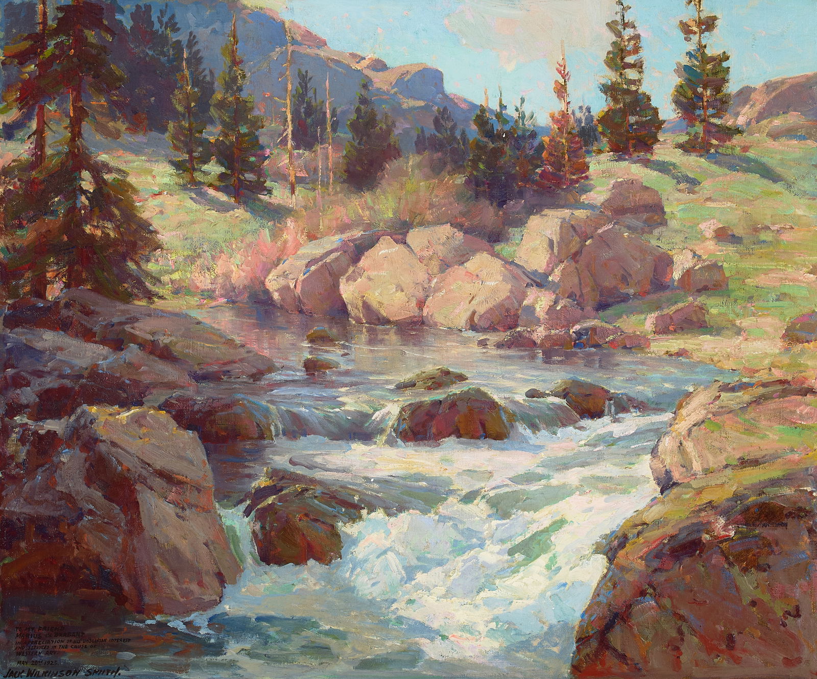 Jack Wilkinson Smith (1873-1949) In the High Sierras 28 x 34 in. framed 37 x 42 in.: Jack Wilkinson Smith (1873-1949) In the High Sierras signed, dated and inscribed 'To my friend / Marius de Brabant / In appreciation of his unselfish interest / and services in the cause of / Western
