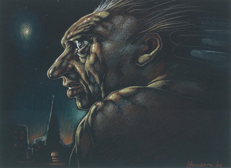 Peter Howson OBE (British, born 1958) Head and night time cityscape: Peter Howson OBE (British, born 1958) Head and ...