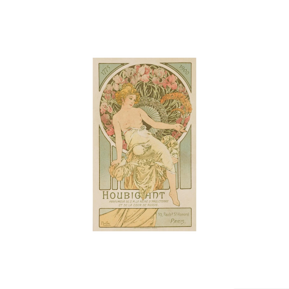ALPHONSE MUCHA (1860-1939) HOUBIGANT: ALPHONSE MUCHA (1860-1939) HOUBIGANT lithographic poster in colours, 1900, printed by F. Champenois, Paris, cond. A-, advertising card 4½ x 2½ ins (11 x 6.5cm.) For further information on th
