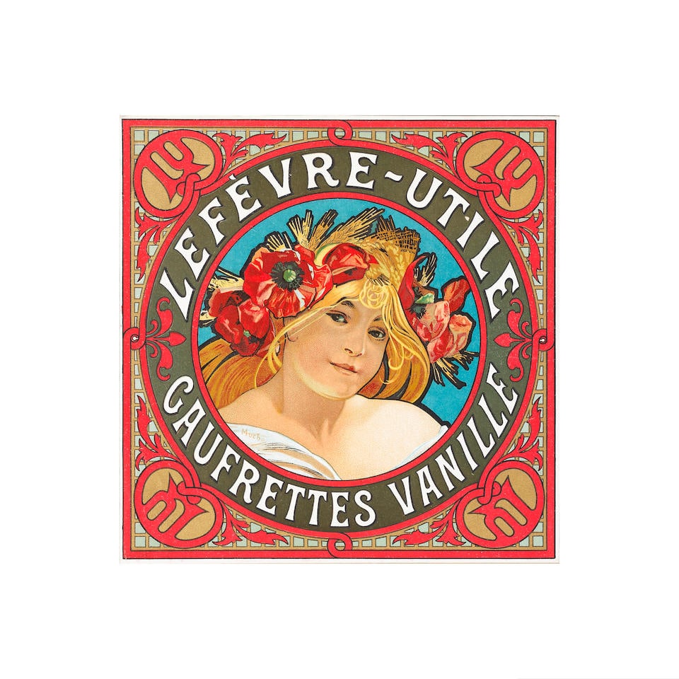 ALPHONSE MUCHA (1860-1939) LEFEVRE-UTILE, Gaufrettes Vanille: ALPHONSE MUCHA (1860-1939) LEFEVRE-UTILE, Gaufrettes Vanille lithographic label in colours, c.1900, cond A, not backed 8 x 7ins (20 x 18cm.) For further information on this lot please visit Bonhams.co