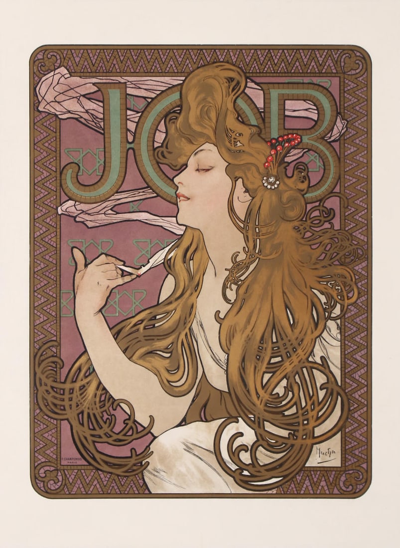 ALPHONSE MUCHA (1860-1939) JOB: ALPHONSE MUCHA (1860-1939) JOB lithographic poster in colours, printed by Champenois, Paris, cond.A, backed on linen 24½ x 18ins (62 x 46cm.) Footnotes: DFP-II 635 Rennert / Weill 15 For further