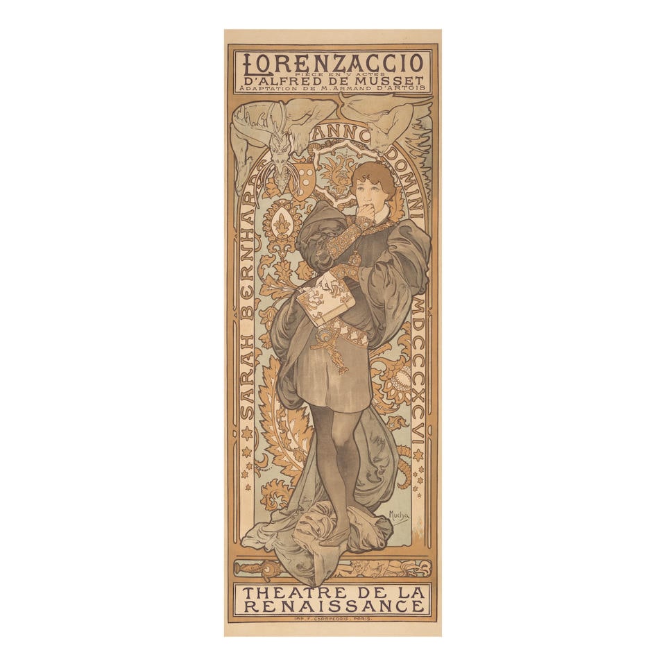 Alphonse Mucha (1860-1939) LORENZACCIO - THEATRE DE LA RENAISSANCE: Alphonse Mucha (1860-1939) LORENZACCIO - THEATRE DE LA RENAISSANCE lithographic poster in colours, 1896, printed by Champenois, Paris, cond.B+, backed on linen 40½ x 14½ins. (103 x 37cm.) Fo