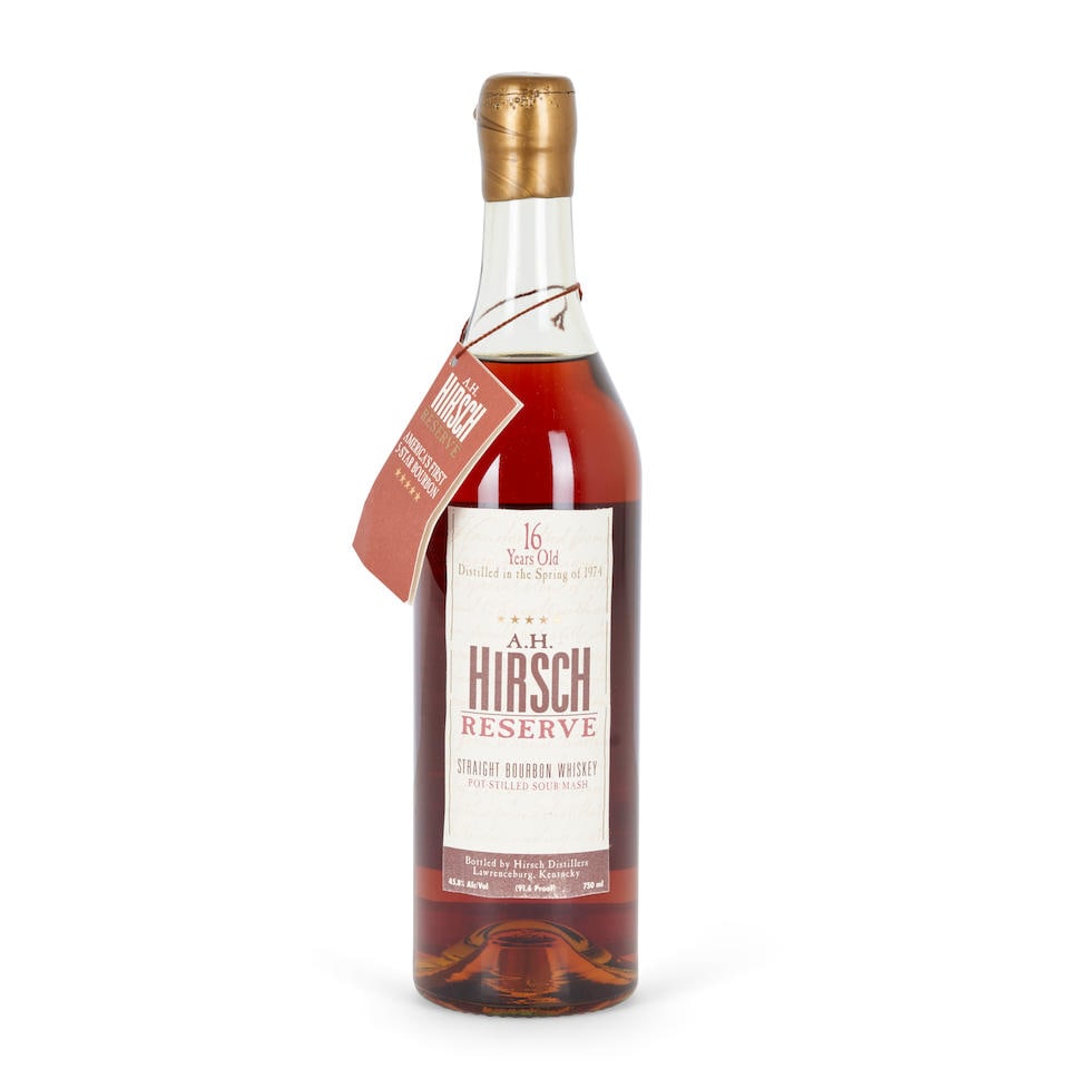 A.H. Hirsch 16 Years Old Gold Wax 1974 (1 750ml bottle): A.H. Hirsch 16 Years Old Gold Wax 1974 (1 750ml bottle) Kentucky official bottling, distilled spring 1974, partial crack in wax around top of bottle, light fading to labels 750ml 45.8% 1 bottle Footno