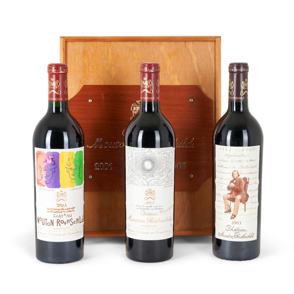 Chateau Mouton Rothschild Gift Set Case No. 28 (3 bottles): Chateau Mouton Rothschild Gift Set Case No. 28 Pauillac, 1er Cru Classe 2001 u: into neck, lightly worn capsule, 1 bottle 2002, u: into neck, lightly worn capsule, lightly damp-stained label, 1 bott
