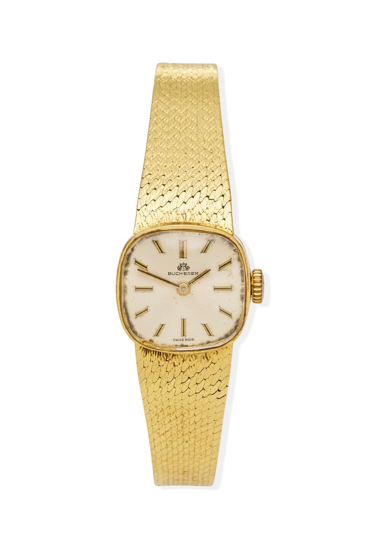 BUCHERER | 18CT GOLD LADY'S WATCH: BUCHERER | 18CT GOLD LADY'S WATCH - Woven integrated strap with folding clasp - Manual wind, 17 jewel movement - signed to dial and movement - stamped 750 to strap and case - weight 35.4gm, length 17.