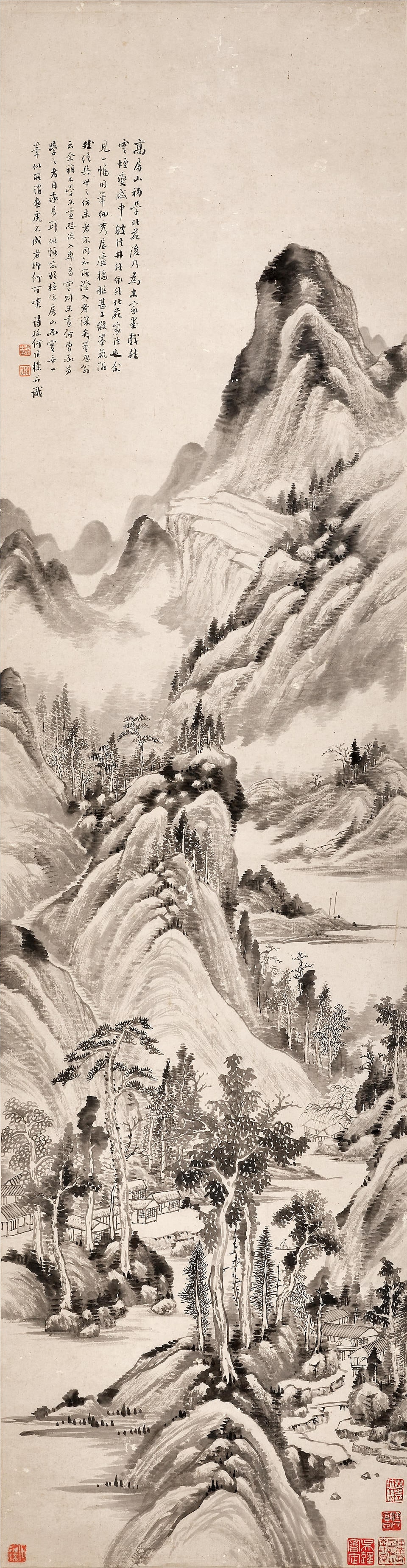 HE WEIPU (1844-1925) Landscape: HE WEIPU (1844-1925) Landscape Ink on paper, hanging scroll Inscribed and signed He Weipu, with three artist's seals and four collectors' seals 146.5 x 38cm (57⅝ x 15in) Footnotes: Published: Co