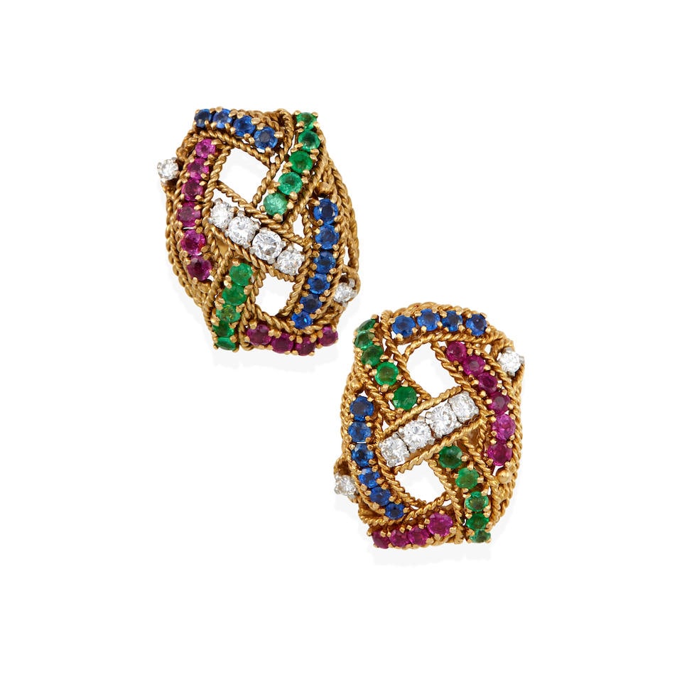 18K GOLD, PLATINUM, RUBY, SAPPHIRE, EMERALD AND DIAMOND EARCLIPS: 18K GOLD, PLATINUM, RUBY, SAPPHIRE, EMERALD AND DIAMOND EARCLIPS • 18k yellow gold and platinum • 20 round rubies, 20 round sapphires and 20 round emeralds • 12 round diamonds •