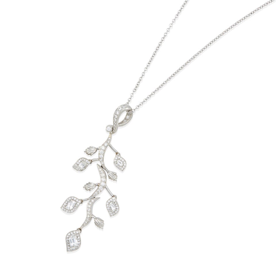 MICHAEL BEAUDRY: PLATINUM AND DIAMOND PENDANT AND 14K WHITE GOLD CHAIN: MICHAEL BEAUDRY: PLATINUM AND DIAMOND PENDANT AND 14K WHITE GOLD CHAIN • Platinum and 14k white gold • Numerous round and fancy-cut diamonds weighing approximately 2.30 carats total •