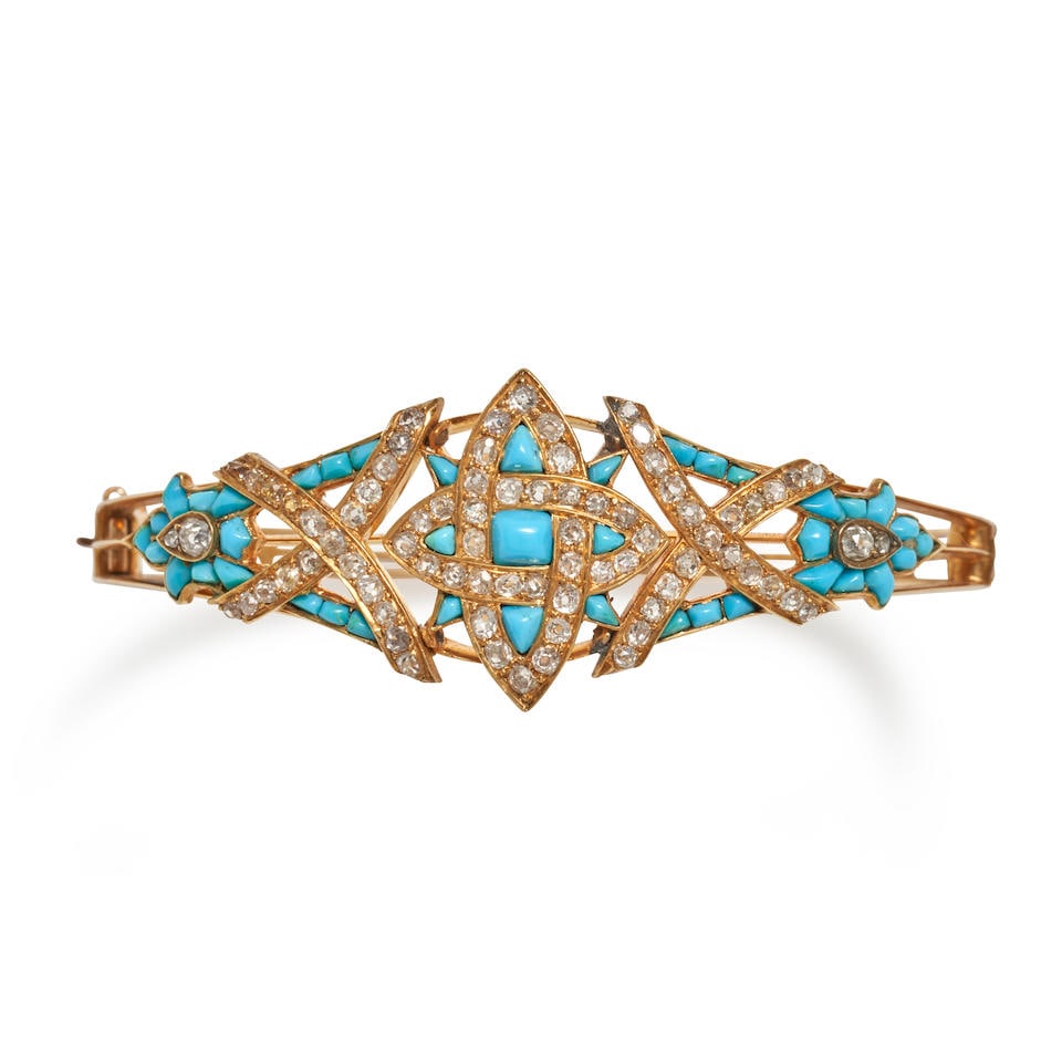 AN ANTIQUE GOLD, TURQUOISE, AND DIAMOND BANGLE BRACELET (1 of 2)