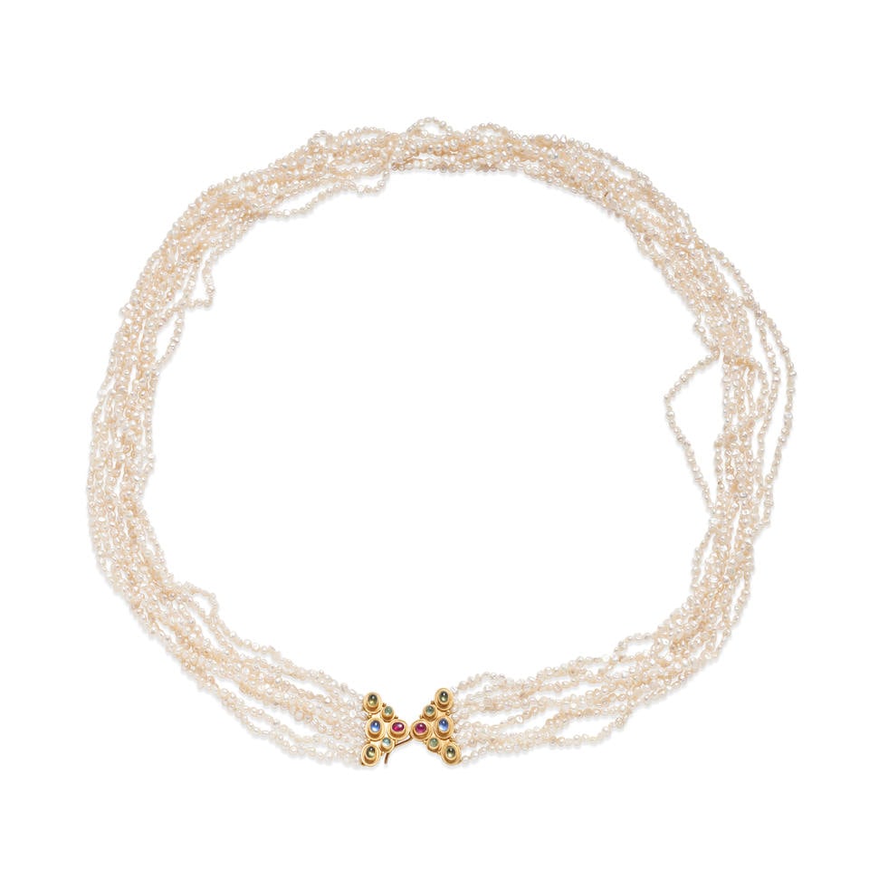 REINSTEIN ROSS: A 22K GOLD, MULTICOLOR SAPPHIRE, AND FRESH WATER PEARL NECKLACE (1 of 4)
