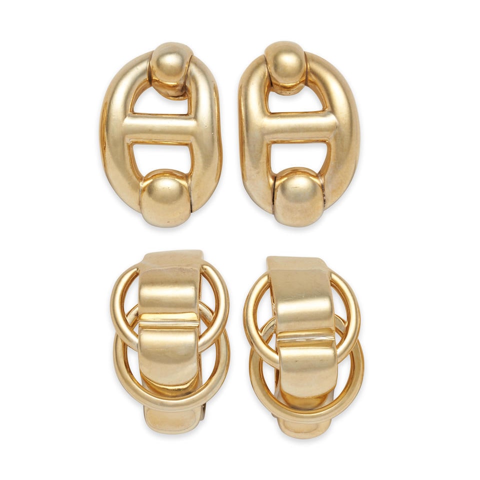 HERMES: TWO PAIRS OF GILT EARCLIPS, FRANCE (1 of 5)