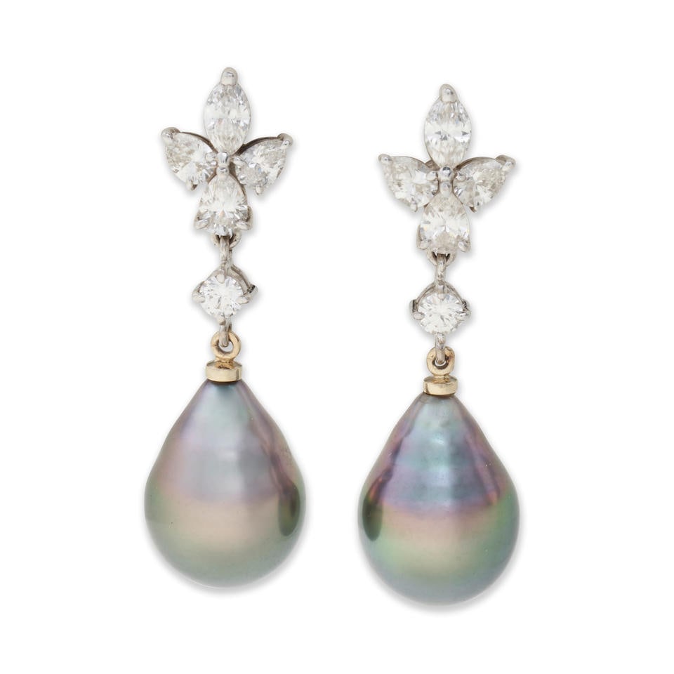 MIKIMOTO: A PAIR OF 18K WHITE GOLD, TAHITIAN PEARL, AND DIAMOND EARRINGS (1 of 3)