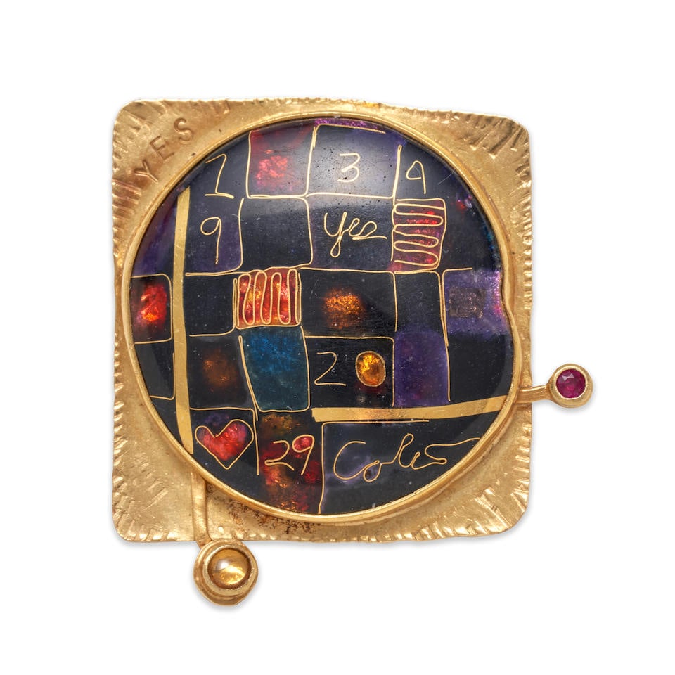 COLETTE: AN 18K GOLD, CLOISONNE ENAMEL, AND GEM-SET BROOCH (1 of 3)