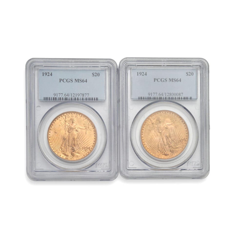 TWO UNITED STATES 1924 ST. GAUDENS $20 DOUBLE EAGLE GOLD COINS. (1 of 2)