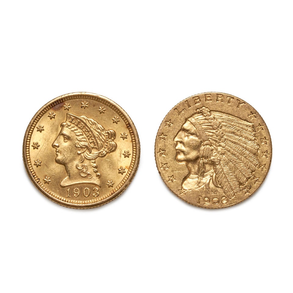 TWO UNITED STATES $2.50 QUARTER EAGLE GOLD COINS. (1 of 2)
