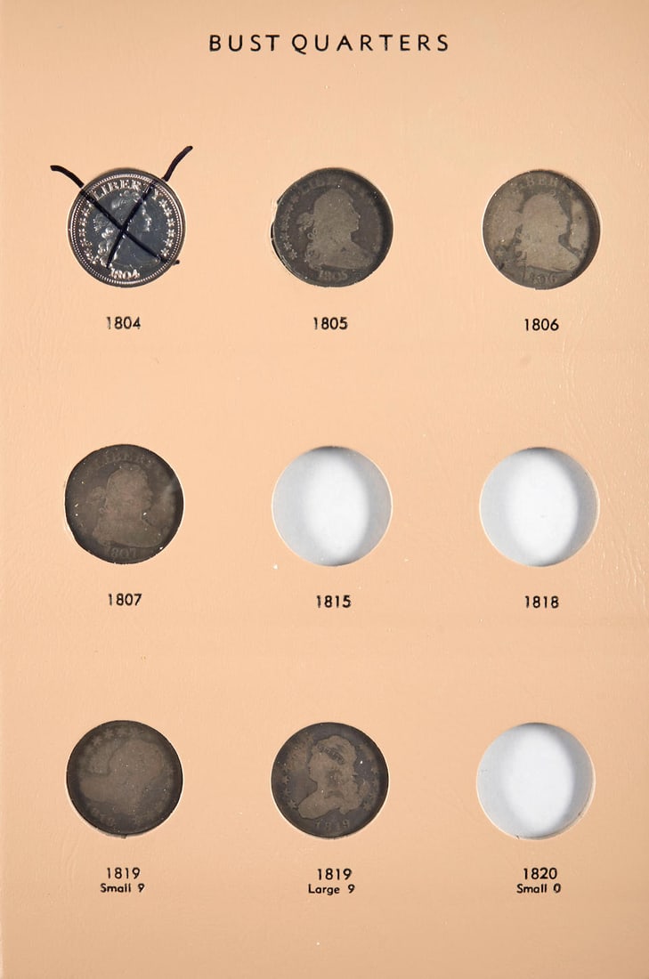 UNITED STATES VERY PARTIAL SET OF BUST QUARTERS AND A 1883 HAWAII QUARTER.: UNITED STATES VERY PARTIAL SET OF BUST QUARTERS AND A 1883 HAWAII QUARTER. Housed in a Dansco album, including 1805, 1806, 1807, 1919 small 9, 1819 large 9, 1820 large 0, 1831 small letters, 1834 and 