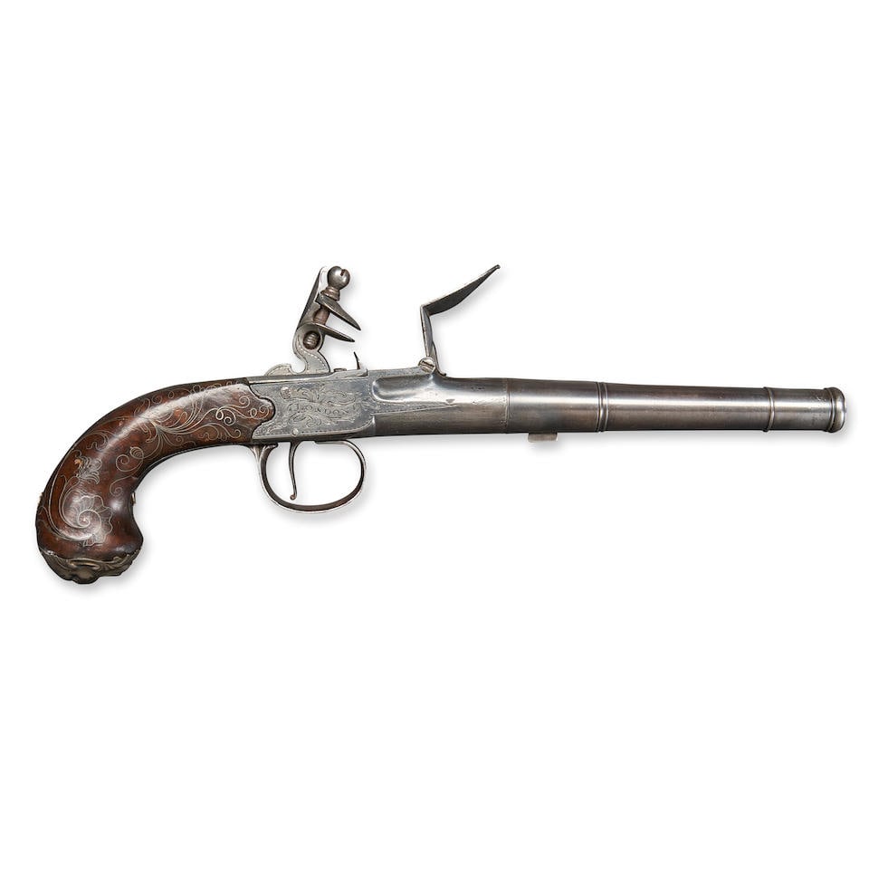 AN ENGLISH SCREW BARREL FLINTLOCK POCKET PISTOL,: AN ENGLISH SCREW BARREL FLINTLOCK POCKET PISTOL, by Brazier, third quarter of the 18th century. 5 in., .60 caliber cannon muzzle barrel on a steel box lock frame engraved 'LONDON' on the right side an