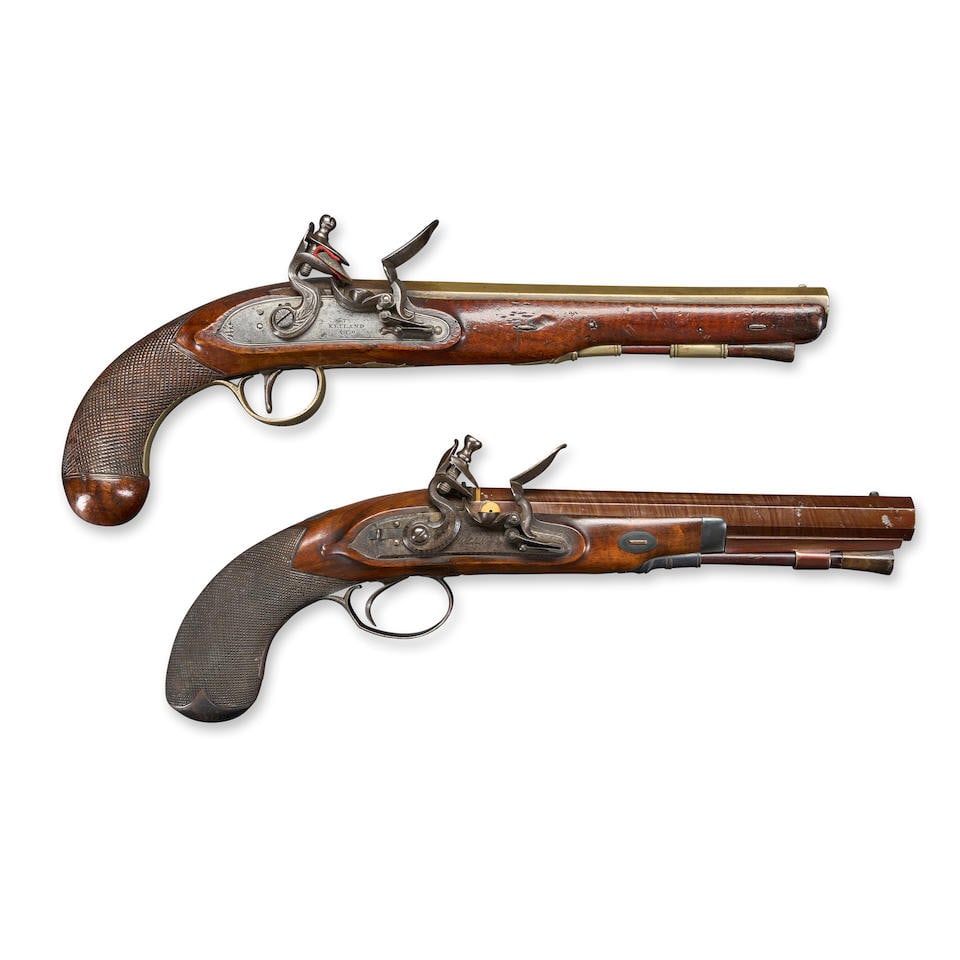 TWO ENGLISH FLINTLOCK HOLSTER PISTOLS.: TWO ENGLISH FLINTLOCK HOLSTER PISTOLS. early 19th century. A pistol signed 'T/KETLAND/& Co' with a 9 in., .54 caliber octagonal brass barrel marked 'LONDON' on the top of the breech and with Tower pri
