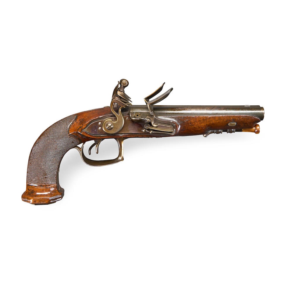A BELGIAN DOUBLE BARREL FLINTLOCK PISTOL,: A BELGIAN DOUBLE BARREL FLINTLOCK PISTOL, Liege, early 19th century. 6 in., .54 caliber Damascus barrels marked at the breech 'E/LG' and 'EX'; flat lock plates with pointed tails, walnut stock with ch
