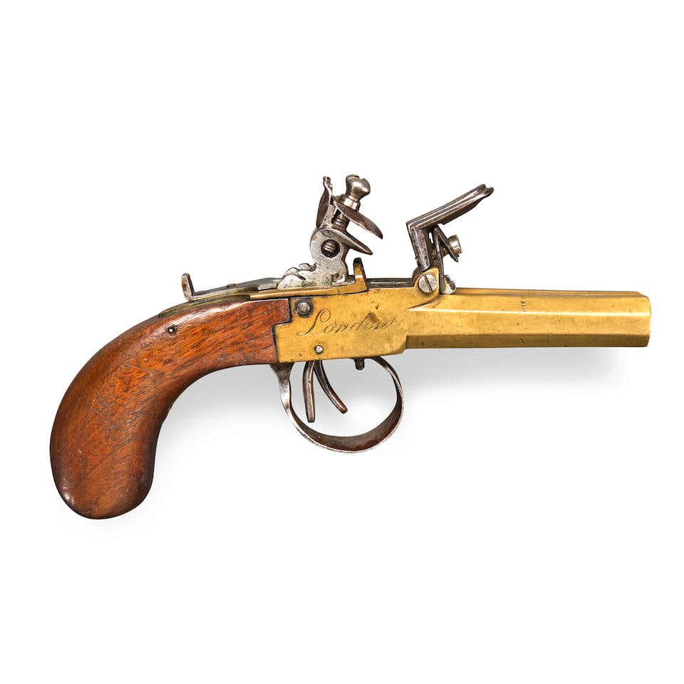 A BELGIAN DOUBLE BARREL FLINTLOCK POCKET PISTOL,: A BELGIAN DOUBLE BARREL FLINTLOCK POCKET PISTOL, Liege, c. 1810s. 2 3/4 in., .41 caliber octagonal barrels and integral frame with two cocks and frizzens and sliding half cock safety catch, post-1810 
