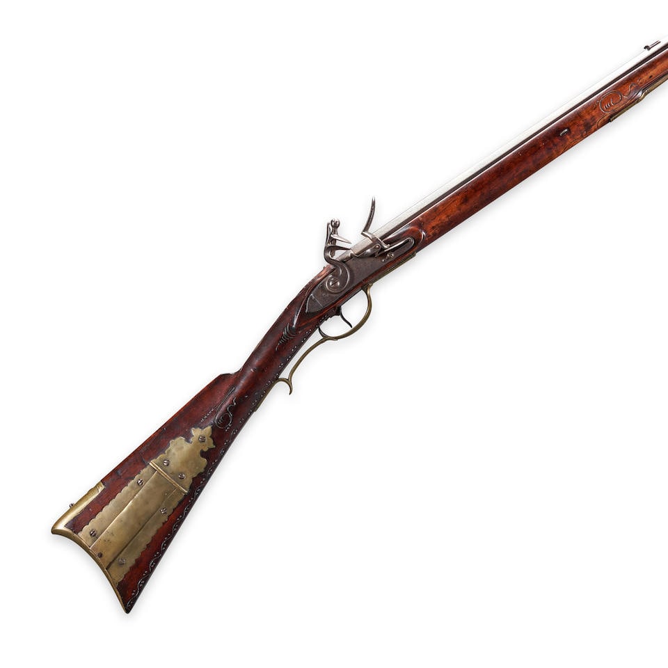 A FLINTLOCK PENNSYLVANIA RIFLE,: A FLINTLOCK PENNSYLVANIA RIFLE, by Abraham Henry, Lancaster, Pennsylvania, early 19th century. 54 1/2 in., .54 caliber rifled octagon to round barrel with silver blade front sight, the top of the bree