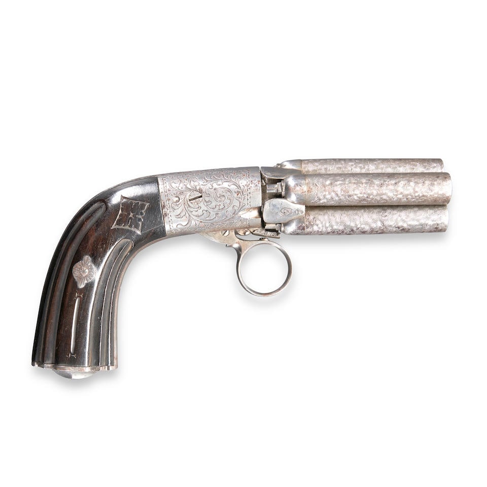 A FOUR-BARREL BELGIAN PERCUSSION DOUBLE ACTION PEPPERBOX PISTOL,: A FOUR-BARREL BELGIAN PERCUSSION DOUBLE ACTION PEPPERBOX PISTOL, by Guillaume Mariette, Liege, mid-19th century. The 2 1/2 in., .38 caliber numbered Damascus barrels screwed to a rotating frame marked