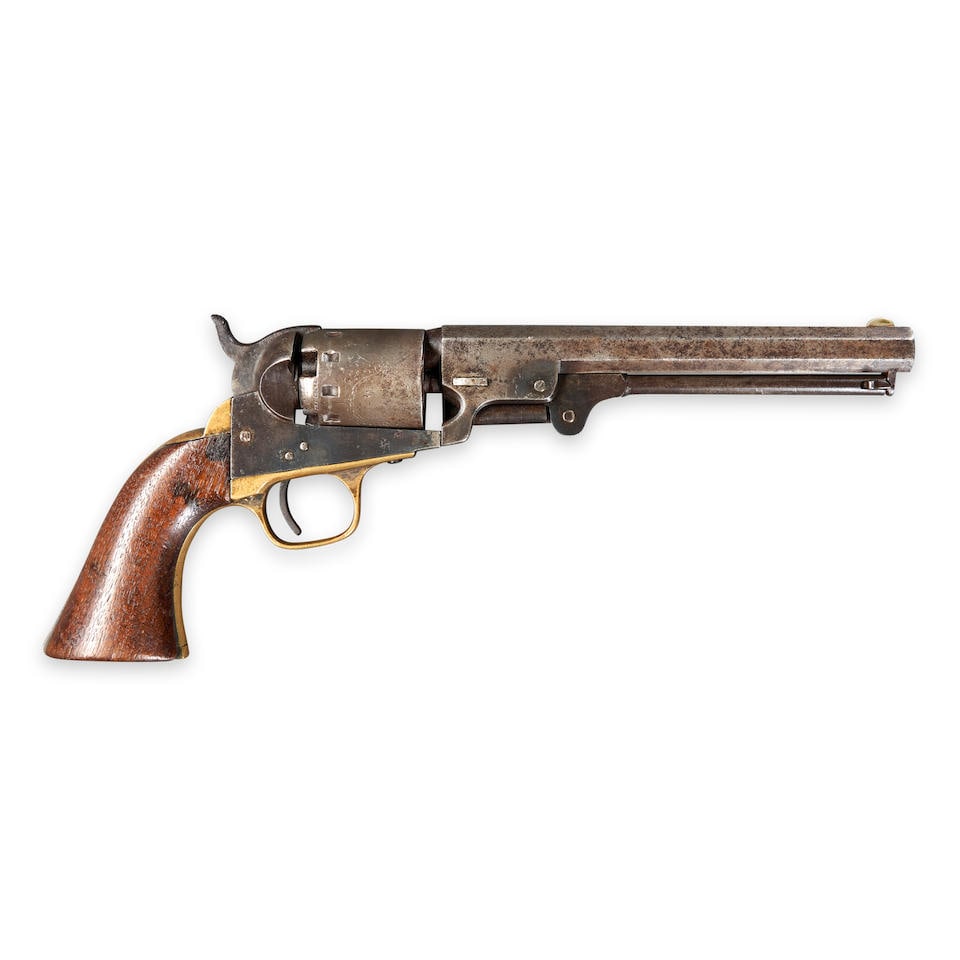 AN INSCRIBED MANHATTAN NAVY MODEL SERIES III REVOLVER,: AN INSCRIBED MANHATTAN NAVY MODEL SERIES III REVOLVER, Newark, New Jersey, 1861-64. Serial number 17134, .36 caliber octagonal barrel marked on the top 'MANHATTAN FIRE ARMS Co. NEWARK N.J.' with loadi