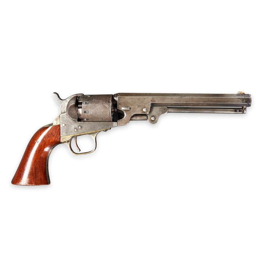 A MANHATTAN NAVY MODEL SERIES III REVOLVER WITH EXPERIMENTAL SPRING PLATE,: A MANHATTAN NAVY MODEL SERIES III REVOLVER WITH EXPERIMENTAL SPRING PLATE, Newark, New Jersey, 1861-64. Serial number 20679, .36 caliber octagonal barrel marked on the top 'MANHATTAN FIRE ARMS Co. NEW