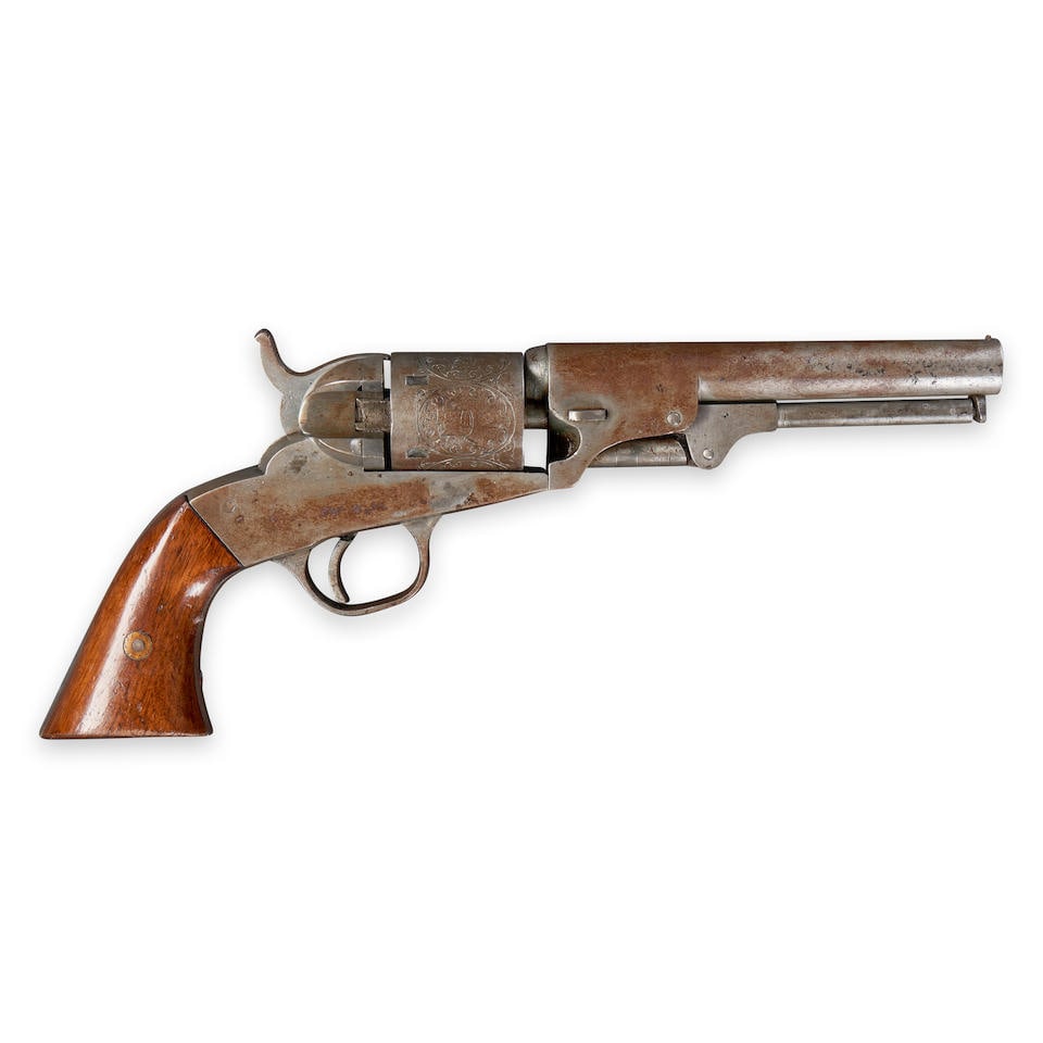 A BACON MANUFACTURING EXPERIMENTAL CONVERSION REVOLVER,: A BACON MANUFACTURING EXPERIMENTAL CONVERSION REVOLVER, c. late 1860s. Serial number on the butt 2012, .38 Rimfire caliber, unmarked round barrel with serial number 3243, small post front sight, still