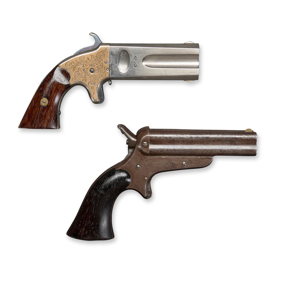 TWO MID-19TH CENTURY AMERICAN PISTOLS.: TWO MID-19TH CENTURY AMERICAN PISTOLS. An American Arms Company combination two-shot derringer of serial number 5293, .22 rimfire and .32 rimfire calibers; the nickel-plated barrel marked 'AMERICAN AR