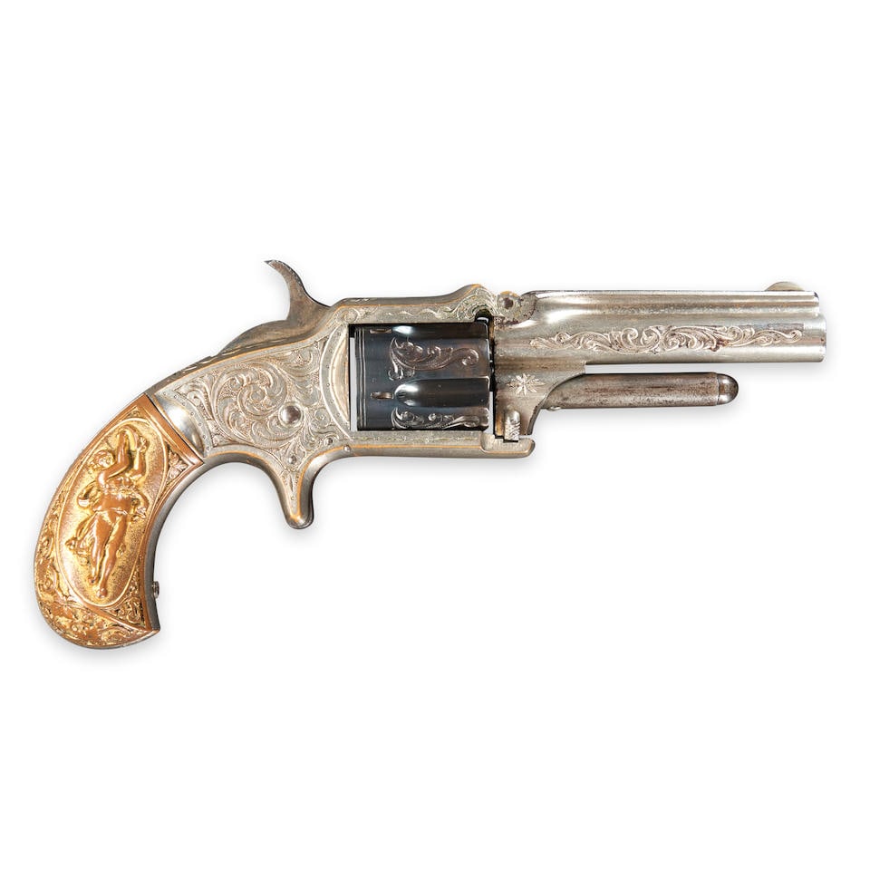 SERIAL NUMBER 1 FACTORY ENGRAVED AND NICKEL-PLATED MARLIN MODEL NO. 32 STANDARD 1875 POCKET REVO...: SERIAL NUMBER 1 FACTORY ENGRAVED AND NICKEL-PLATED MARLIN MODEL NO. 32 STANDARD 1875 POCKET REVOLVER, 1875. Serial number 1, .32 rimfire caliber, the barrel and frame with engraved foliate scroll deco