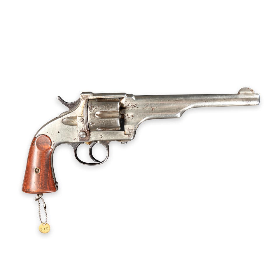 A MERWIN & HULBERT CLOSED TOP DOUBLE ACTION FRONTIER ARMY REVOLVER,: A MERWIN & HULBERT CLOSED TOP DOUBLE ACTION FRONTIER ARMY REVOLVER, 1880s. Serial number 1920, .44 caliber, nickel plated barrel and frame, the top of the barrel marked 'MERWIN & HULBERT & Co. New Yor