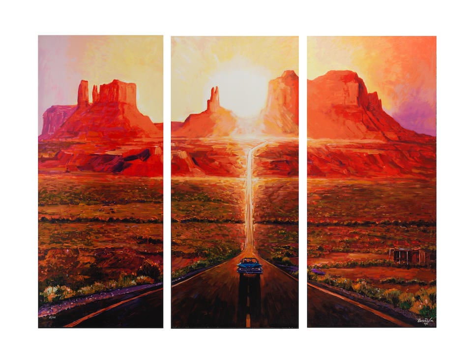 Bob Dylan (born 1941) Sunset, Monument Valley, 2022: Bob Dylan (born 1941) Sunset, Monument Valley, 2022 edition no. 35, triptych, each print with layers of acrylic resin ink and brushstroke layers on card plus UV varnish, signed as an auto signature in