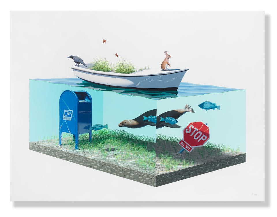 Josh Keyes (born 1969) Drifting I, 2009: Josh Keyes (born 1969) Drifting I, 2009 signed with the artist's monogram and dated 2009; signed, titled and dated 2009 on the reverse acrylic on birch panel 76 x 101.5cm (29 15/16 x 39 15/16in). Foot