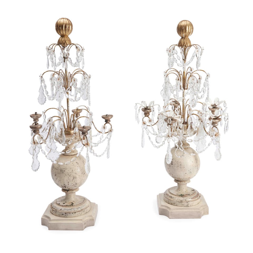 PAIR OF GILT METAL, WOOD, AND GLASS FIVE-LIGHT CANDELABRA (1 of 1)